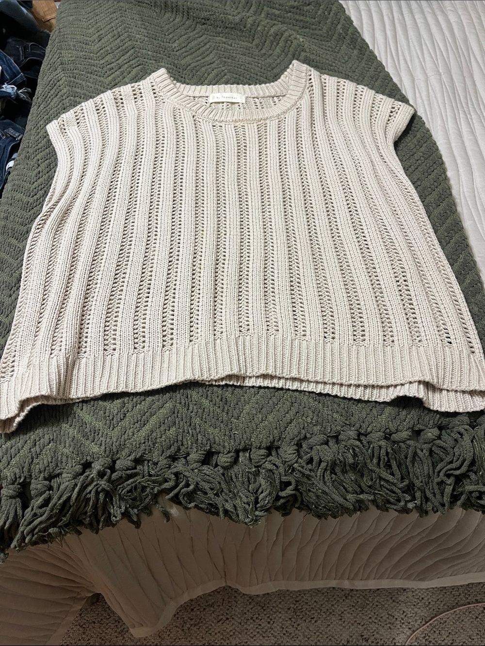 By Together Cream Open Crochet Knit Short Sleeve Sweater